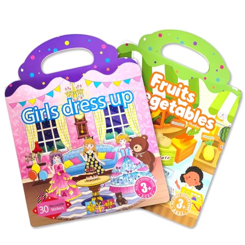 2 Sets Reusable Sticker Book for Kid Girl 3-8 Year Old Birthday Gift - color: 2 Sets - Princess Dress Up/Fruits & Vegetables
