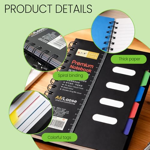 A5 Spiral Classification Notebook, Multi-Subject Dividers Notebook for Work, Large Notebooks for Note taking, Lined Journal