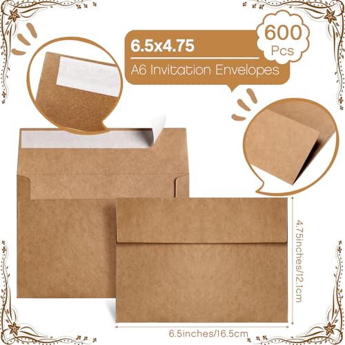 Fainne 600 Pack Kraft Envelopes for Invitation, 120 GSM,A6, 4.75 X 6.50 in | Brown Envelopes for Invitation, 120 GSM Gift Card for Office, Wedding, Gift, Party, Baby Shower, Mailings - size: A6,4.75 x 6.5"