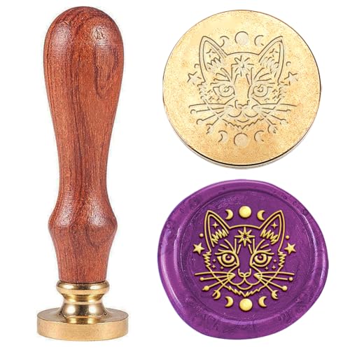 1pc Cat Wax Seal Stamps Vintage Star Moon Sealing Wax Stamps 25mm Removable Brass Head Stamp with Wooden Handle for Envelope Wedding Back to School Christmas Thanksgiving Gift Packing - style: Cat,Star,Moon