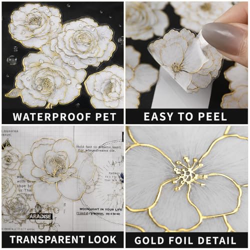 120PCS Gold Foil Flower Stickers for Scrapbooking, 6 Pack 3D PET Floral Stickers for Journaling, White Flower Decals for Crafts, Junk Journal Supplies, Collage and Card Making - color: Gilded Noir & Ink Blossoms