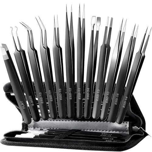 Antonki 12-in-1 Precision Metal Tweezers Set with Leather Case - color: Full Black