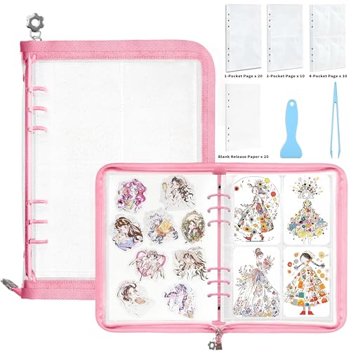 Mlife Sticker Organizer Binder Sticker Storage Organizer Reusable Sticker Book Collecting Album A5 Sticker Collecting Book Clear Sticker Binder Album with Blank Release Paper, Tweezer (Light Pink) - color: Pink