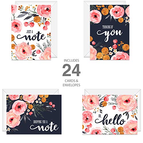 Canopy Street Watercolor Blue And Pink Floral Greeting Cards / 24 All Occasion Cards With White Envelopes / 4 Bright Floral Designs / 3 1/2" x 4 7/8" Thinking Of You Card Set - color: Oh Hello Floral