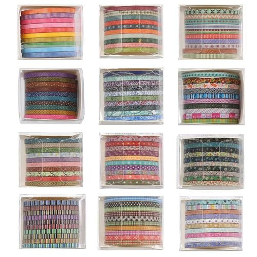 Skinny Washi Tape Pack 120 Rolls Basic Patterns Decorative Slim Geometric Elegance Masking Tapes for Arts, DIY Crafts, Journals, Planners, Scrapbook, Wrapping