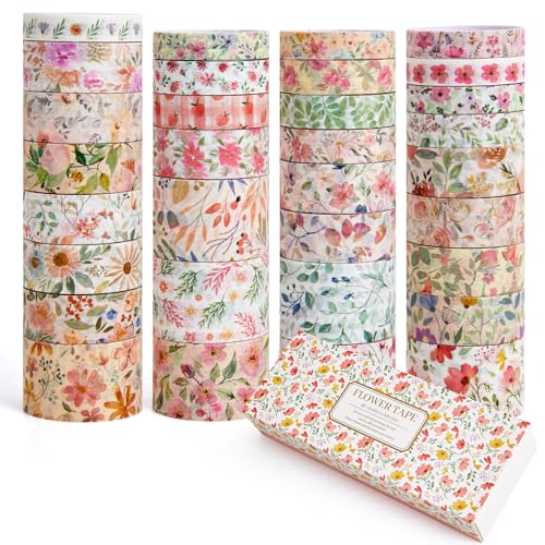 PAGEMORE 32 Rolls Washi Tape Set, Colored Floral Decorative Masking Tape, Artists Tapes for Journaling, Junk Journal, DIY Craft Projects, Scrapbooking Supplies Decor - color: Floral