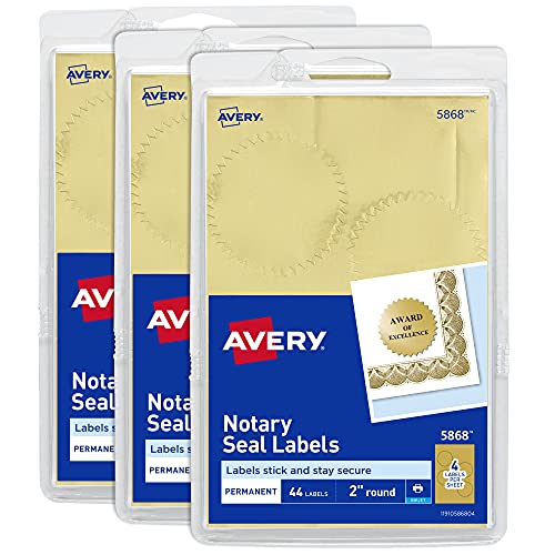 Avery Notary Seal Labels, 2" Diameter, Printable Gold Certificate Seals, Inkjet, 3-Pack, 132 Gold Seals Total (35868) - style: 3 Pack (132 Seals)