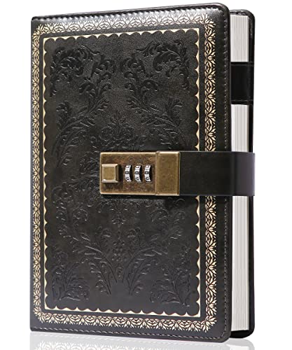 Yoment Lock Diary Vintage Journal with Lock for Women Leather Diary,Black | Refillable Personal Locking Journal for Writing,Gifts Box,Grils Kids Secret Password Notebook Journal with Pockets 5.5x7.8 - color: Black
