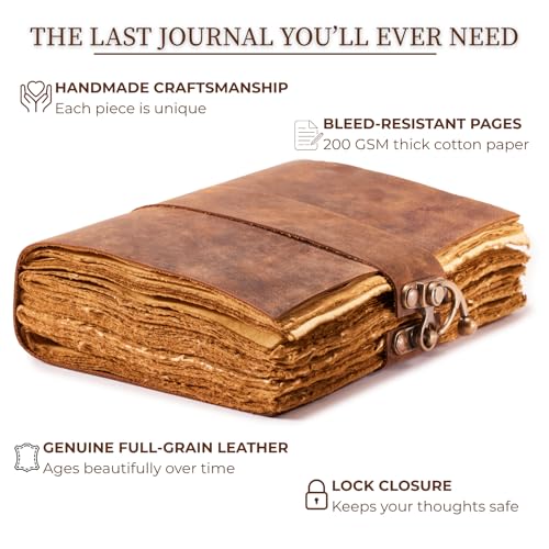 NomadCraftsCo. Vintage Leather Journal - Lock Closure, Book of Shadows Journal, Grimoire Journal, Witch Journal, Vintage Journal 240 pages Antique Deckle Edge Paper - color: Vintage Brown, size: 7" x 5"