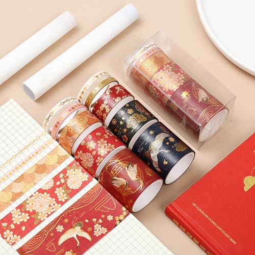 VIVIQUEN Gold Washi Tape Set Vintage Masking Tape Decorative Tape for DIY Scrapbooking, Crafts, Bullet Journal, Gift Wrapping, Holiday Decoration Planner Accessories (Red Classical 5 Rolls) - color: Red Classical 5 Rolls