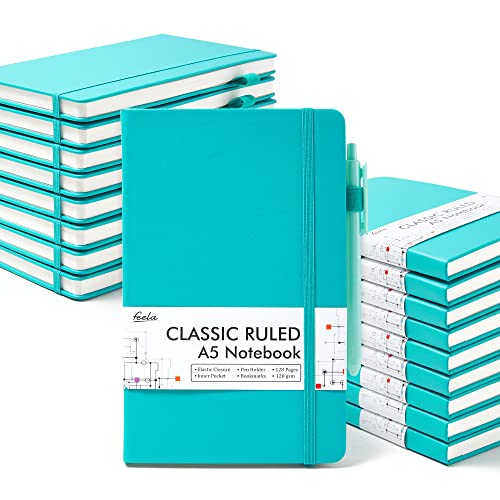 feela 18 Pack Journal Notebook for Work, Business Notebook Bulk Hardcover Lined Writing Journal with Pen Holder for Men Women Note Taking, with 18 Black Pens, 120 GSM, 5.1”x8.3”, A5, Emerald - color: 18 Emerald