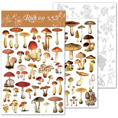 CATaireen Rub on Transfers for Crafts Vintage Scrapbooking Stickers Small Decals Adults Journaling DIY Supplies Use for Fabric Paper Wood Stone Canvas Acrylic Cloth (Mushroom) - style: Mushroom