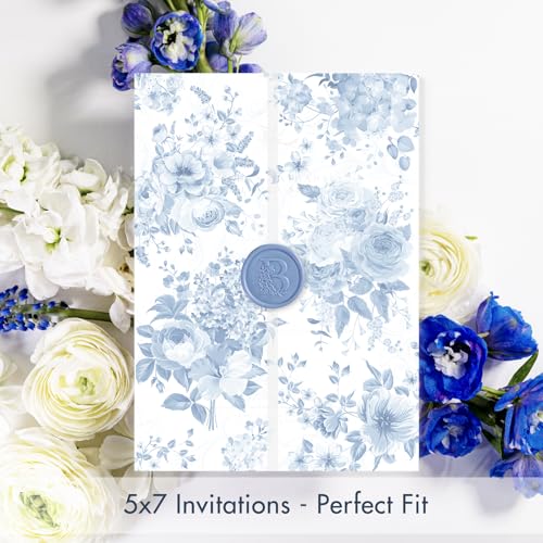 50 Pack Pre-Folded Vellum Jackets for 5x7 Invitations,AZAZA Translucent Invitation Sleeves,115GSM Vellum Jackets 5x7, Wedding Invitation Accessories,for Weddings Birthdays,Green Watercolor Palm Tree,Blue Watercolor Floral Pattern - color: 50Pack--Blue Wat