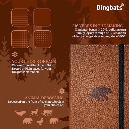 Dingbats* Wildlife A6 Plain Pocket Notebook - PU Leather Hardcover - Small Writing Journal for Work, Travel - Pocket, Elastic Closure, Bookmark - color: Brown Bear, style: Minimalist