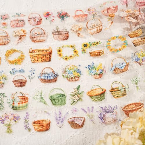 Alideco 6pcs Decorative Adhesive Tapes Vintage Flower Basket PET Tape Great for Bullet Journal Supplies, Arts, Scrapbook, DIY Crafts, Planners (caihuashijie) - color: caihuashijie