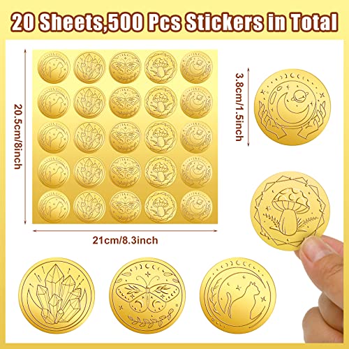 Chinco 500 Pieces Gold Embossed Envelope Seals Stickers Adhesive Seal Stickers Vintage Embossed Foil Certificate Kit Plant DIY Labels for Wedding Invitations Envelopes, 5 Patterns(Witchcraft Style) - style: Witchcraft Style