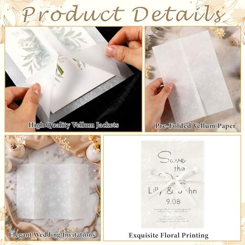 100 Pcs Pre Folded Floral Vellum Jackets for 5x7 Invitations, Wedding Translucent Vellum Paper with Ribbon, Envelope Liners for Wedding Bridal Baby Shower Birthday Mother Event(White) - color: White