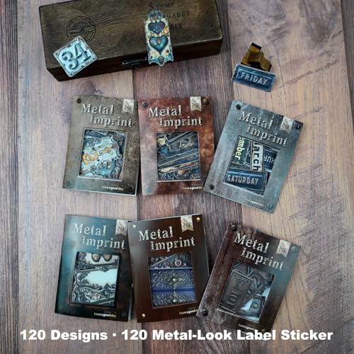 120 Pcs Vintage Label Stickers for Scrapbooking and Journaling | Numbers, months, weekdays and ornate floral tags with metal-look designs for collages, junk journals and mixed media - color: Metal Impressions