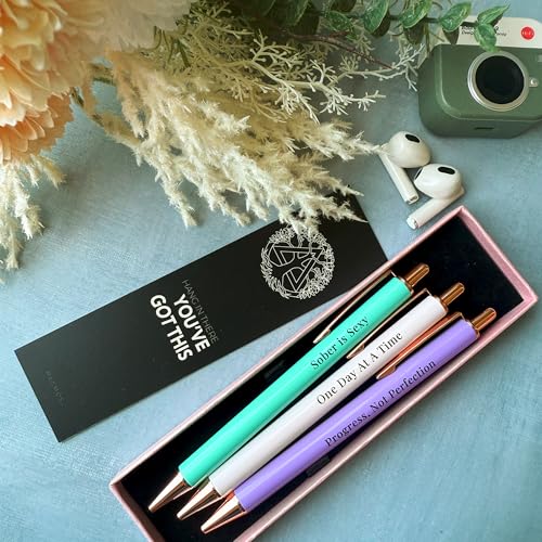 MESMOS Meaningful Sobriety Gifts for Women, 3pk Fancy Pen Set with German-Made Ink, Inspirational Pens, Proud of You Sober Gifts, Sober Affirmation Quote - style: Sobriety