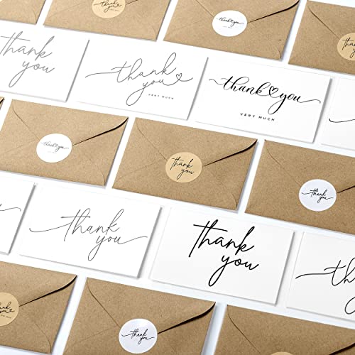 Layneria 100 Bulk Thank You Cards with Kraft Envelopes and stickers - 4 Minimalistic Designs Blank Thank You Notes with Envelopes for business Wedding Bridal Gift Baby Shower Business Graduation - color: White
