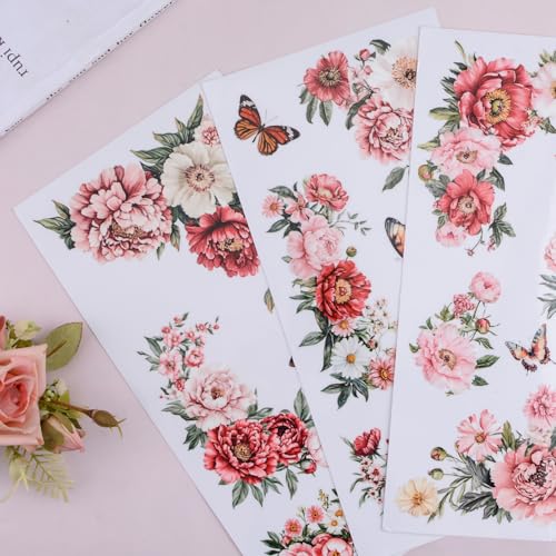 Flower Rub on Transfer Stickers, 3 Sheets Peony Rub on Furniture Transfers Floral Border Rub on Transfer Decals for Wood Crafts Bookcase Table Wardrobe Desk DIY Home Decor - color: Pink Peony