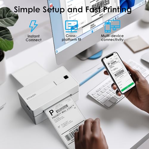 KNAON Bluetooth Thermal Shipping Label Printer, 4x6 Portable Thermal Address Label Printer for Small Business, Compatible with iPhone,Android,Windows,Mac–Works with Etsy Shopify USPS&More, White - color: White