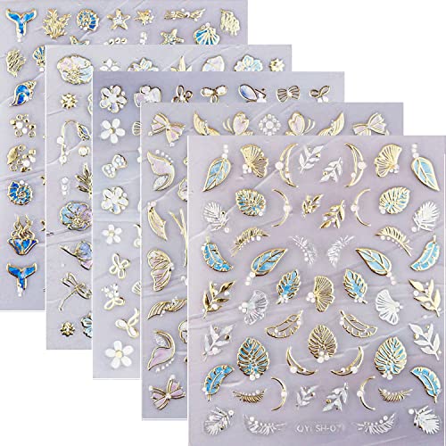 20 Sheet 5D Embossed Nail Art Stickers,Luxury Gold Silver Nail Decals Self-Adhesive Metallic Leaves Flower Butterfly French Nail Stripe Line Stickers for Women Salon Home DIY Nail Supplies - color: 20 Sheets Gold Silver Nail Stickers