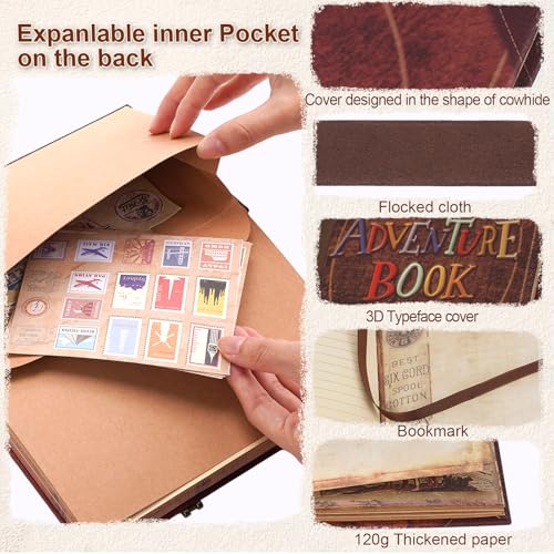 My Adventure Book Journal Scrapbook Album 164 Pages Retro Cowhide Cover Journal Travel Diary,3D Design DIY Handmade Travel Scrapbook Diary for Couples,Anniversary,Wedding,Valentines Day Gifts - color: 5inch-My Adventure Book