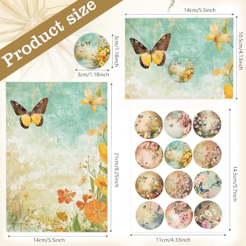 50 Pcs Stationery Paper Envelopes Set,No-Bleed Lined (6Style) | Includes 24 Unlined Writing Paper & 24 Envelopes & 24 Stickers, Vintage Butterfly Letter Writing Stationery Paper Envelopes - color: Vintage Butterfly