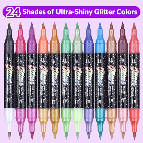 KEMYR 24 Colors 12 Pack Dual Tip Glitter Marker Pens for Adult Coloring - color: 12Pack 24Colors