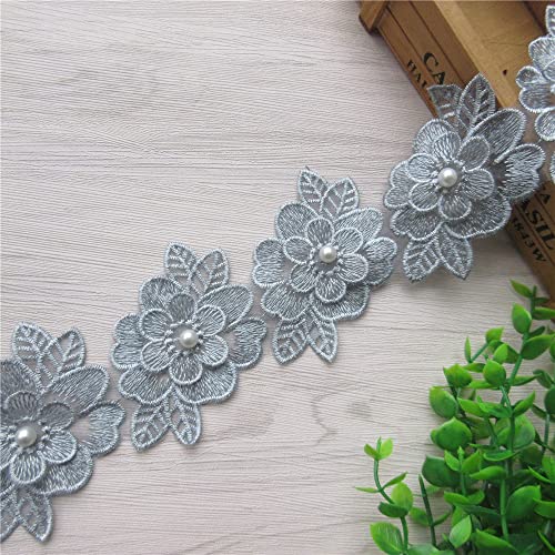 2 Yards 3D Flower Lace Trim Pearl Embroidered Polyester Lace Ribbon Fabric Applique Patchwork for Wedding Dress Handmade DIY Sewing Craft Supplies Decoration (Grey) - color: Grey