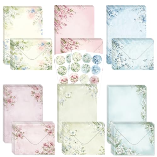 50 Pcs Stationery Paper Envelopes Set,No-Bleed Lined (6Style) | Includes 24 Writing Paper & 24 Envelopes with 24 Stickers, Flower Floral Letter Writing and Stationery Paper Envelopes - color: Soft Floral