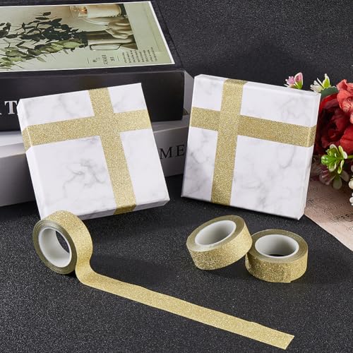 GORGECRAFT 3 Rolls 32.8 Yards x 0.6" Washi Glitter Tape Light Gold Decorative Adhesive Tape Foil Paper Masking Tapes Craft Stick On Sticky Trim for DIY Scrapbook Gifts Wrapping Car Furniture Walls - color: light gold