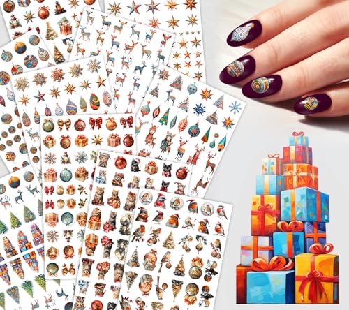 Nail Decals [10 Sheets] Christmas Holiday Nail Stickers Set Festive Ornaments Gifts Stars Reindeer Snowflakes Trees Birds Cozy Seasonal Illustrations Rich Colorful Variety for Joyful Manicure Design - color: Quinque