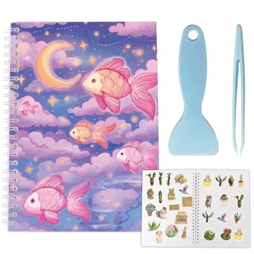 CRASPIRE Sticker Book 40 Pages Purple Fish Reusable Album Storage 8.26x5.82In Double-Sided Waterproof Blank Pasteable Notebook with Tools for Adults Release Paper Holder Saver Organizer - style: Fish
