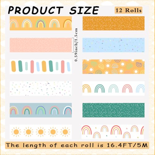 Boho Washi Tape Set 12 Rolls Back to School Cute Bohemian Rainbow Washi Tape 15mm Rainbow Sun Masking Sticker for DIY Crafts Scrapbook Journal Planner Gift Wrapping - color: Boho