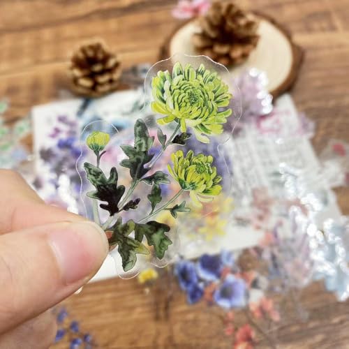 50-Pack Transparent Waterproof Watercolor Wildflower Flower Scrapbook Stickers – Vibrant Nature Floral Decals for Card, Journals, Resin Art Project - color: Watercolor Flower
