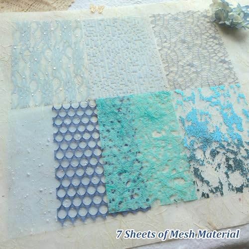 20 Unique A5 Textured Scrapbook Paper & Mesh Fabric Set, Handmade Craft Paper for Scrapbooking, Junk Journal Supplies, Card Making, Decoupage, Collage & Gift Embellishments (Blue) - color: Blue