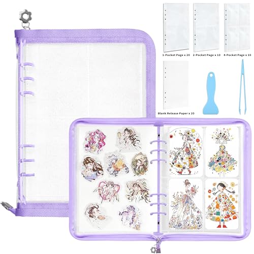 Mlife Sticker Organizer Binder Sticker Storage Organizer Reusable Sticker Book Collecting Album A5 Sticker Collecting Book Clear Sticker Binder Album with Blank Release Paper,Tweezer, Spatula (Purple) - color: Purple