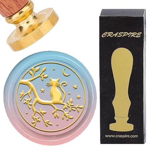 CRASPIRE Cat On The Branch Wax Seal Stamp Leaves Moon and Star 30mm Vintage Removable Brass Sealing Stamp Head with Wooden Handle for Wedding Envelopes Invitations Card DIY Craft Birthday Gift - style: Cat on the Branch Stamp