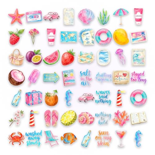 50Pcs Transparent Watercolor Beach Stickers Pack, Waterproof PET Summer Ocean Decals for Water Bottle Laptop Suitcase Skateboard Scrapbook Journal, Colorful DIY Craft Gifts for Kids Teens Girls - color: Transparent Watercolor Beach-4