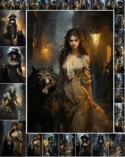 Decoupage Paper Pack (35 Sheets 6"x8") Beautiful Strange Werewolf Girl with Scary Wolf FLONZ Halloween Vintage Illustration Pictures Cards for Decoupage, Craft and Scrapbooking - color: Five