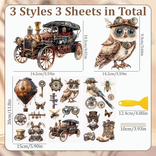WANDIC 3 Sheets Rub On Transfer Stickers Retro Steam Punk Style Waterproof Decals Furniture Craft Decorative for DIY Scrapbooking Photo Albums,15 * 30cm