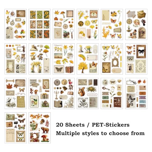 Vintage Scrapbook Stickers, 20 Sheet Vintage Flower Sticker for Scrapbooking, journaling DIY Crafts Laptops，Card Making, Ephemera Pre Cut (Orange Autumn Scenery) - style: Orange Autumn Scenery