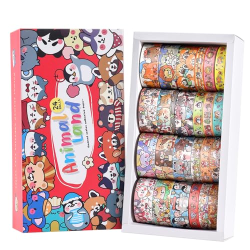 24 Rolls Colorful Cute Cartoon Animal Writable Washi Tape Set, Decorative Tapes for Scrapbooking and Journaling, Junk Journal Supplies, Bullet Journaling for Women Girl 8-15mm Wide 9.84ft Long/Roll - color: Cartoon Animal