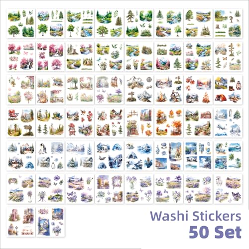 Colorful Landscape Theme Sticker Scrapbooking Supplies for Junk Journal, 50 Sheets Washi Stickers - Vintage Journaling Stickers, Ephemera Sticker Book Pre Cut(TZ-005-006) - color: Scenery is Picturesque