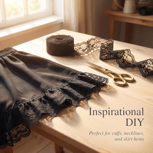 Black 10 Yard Pleated Net Lace Edge Gathered Mesh Trim Ribbon 1-2/5 inch Vintage Style Black Edging Trimmings Fabric Embroidered Applique Sewing Craft Wedding Bridal Dress Cake Card DIY Decoration