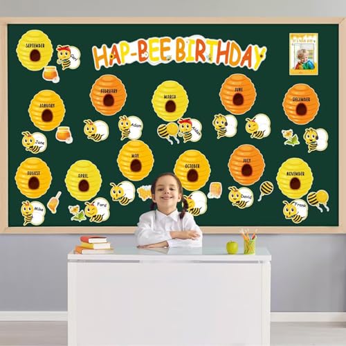Qyeahkj Bee Birthday Bulletin Board Decorations Set Bees Hives Birthday Classroom Bulletin Board Honeycomb Paper Cutouts Party Supplies for Teacher Students Back to School Classroom Wall Decor - style: Birthday