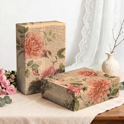 WRAPAHOLIC Kraft Vintage Floral Wrapping Paper - Mini Roll - 17 Inch x 16.5 Feet - Retro Rose Flower Letter Print Newspaper Kraft Wrapping Paper for Birthday, Wedding, Bridal Shower, Anniversary - color: Floral Letter