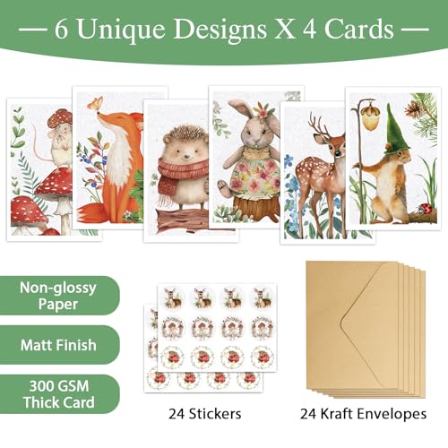 Woodland Animals Blank Cards with Envelopes, 24 Pack Forest Animals Note Cards Bulk for Kids, 4x6 Inch Watercolor Greeting Card Set Boxed for All Occasions